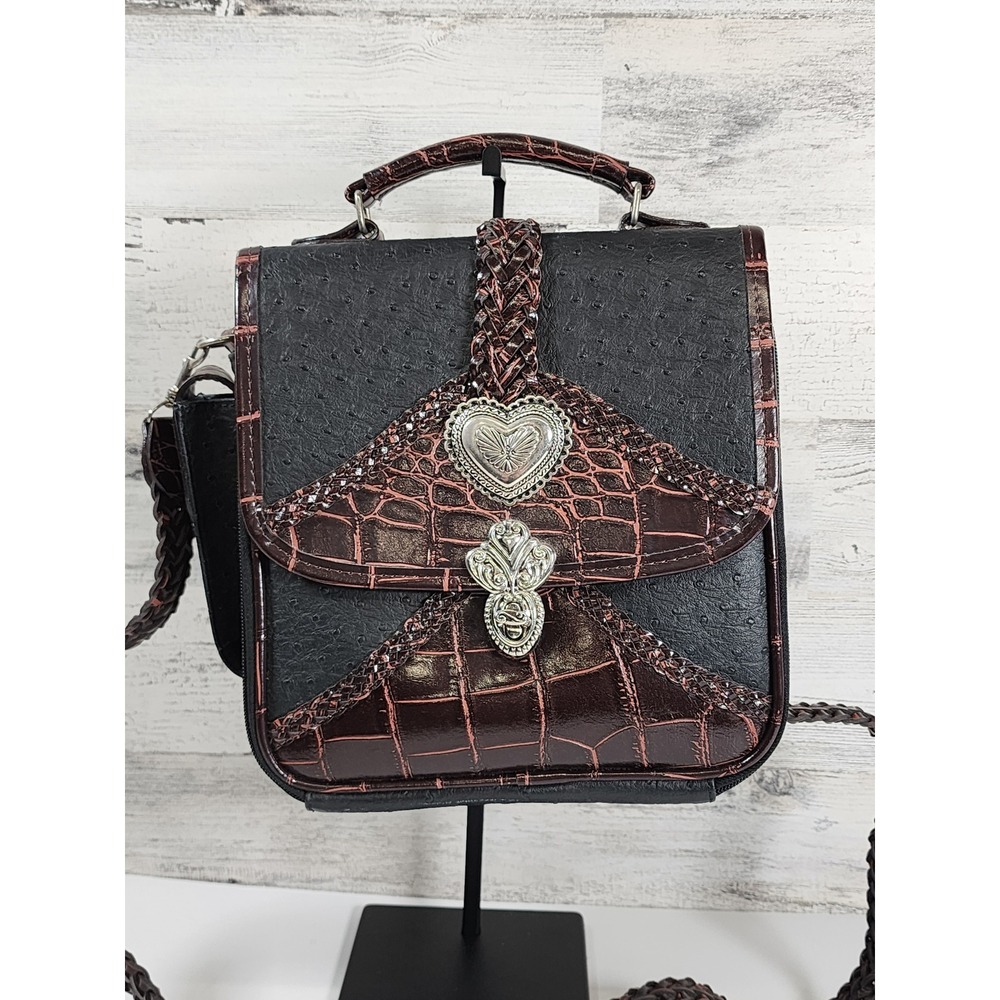Brighton Crossbody Bag Women Small Black‎ Brown Heart Ostrich Croc Satchel